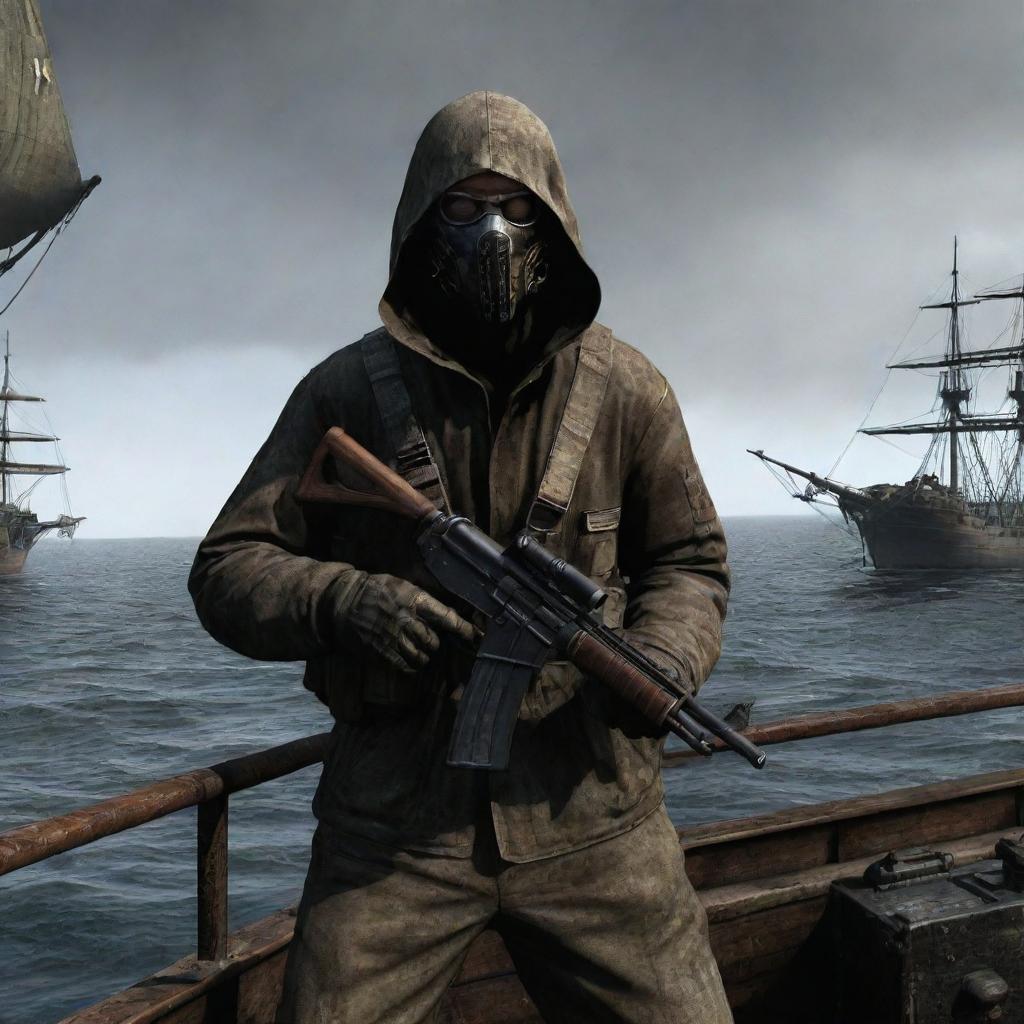 A character from the S.T.A.L.K.E.R video game series, clothed in Stalker suit, aiming AK-74 onboard a pirate ship, with high masts, tattered sails, and the open sea around.