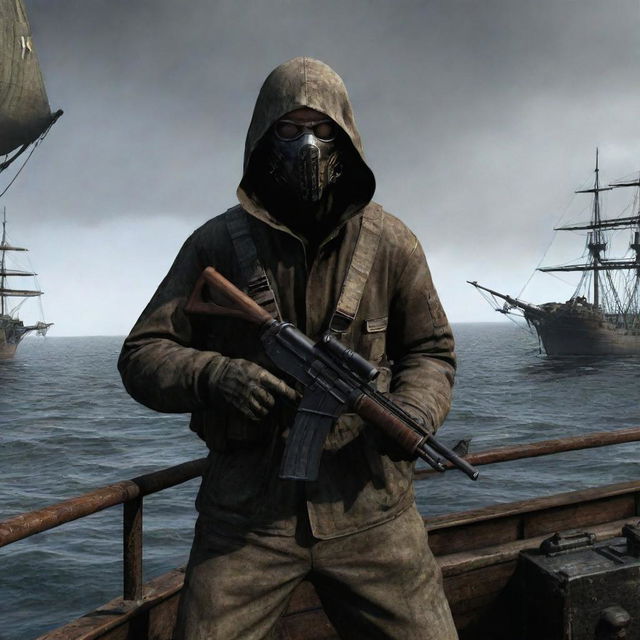 A character from the S.T.A.L.K.E.R video game series, clothed in Stalker suit, aiming AK-74 onboard a pirate ship, with high masts, tattered sails, and the open sea around.