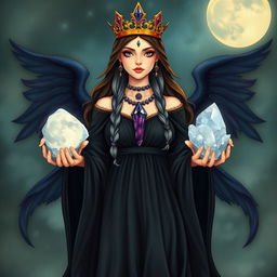 A mystical depiction of the High Priestess Goddess, adorned in a black flowing dress, exuding an air of mystery and wisdom