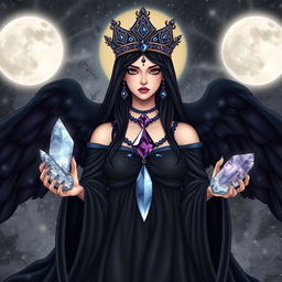 A mystical depiction of the High Priestess Goddess, adorned in a black flowing dress, exuding an air of mystery and wisdom