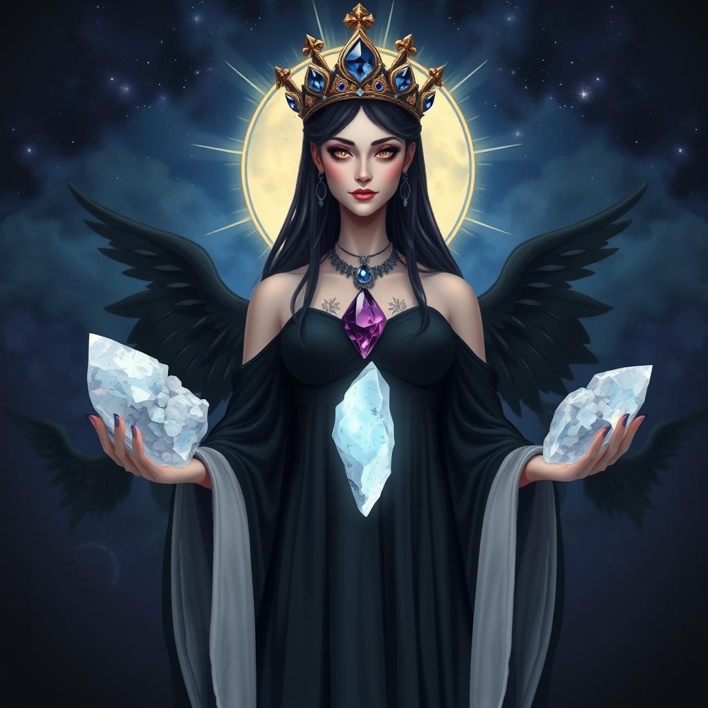 A mystical depiction of the High Priestess Goddess, adorned in a black flowing dress, exuding an air of mystery and wisdom