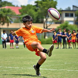 a young Malaysian rugby player in mid-action executing a powerful kick on the school rugby field