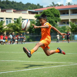 a young Malaysian rugby player in mid-action executing a powerful kick on the school rugby field