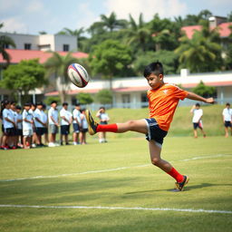 a young Malaysian rugby player in mid-action executing a powerful kick on the school rugby field