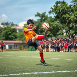 a young Malaysian rugby player in mid-action executing a powerful kick on the school rugby field