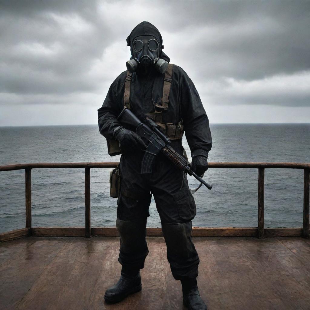 A character from the video game S.T.A.L.K.E.R, decked in a Stalker suit with a gas mask, holding an AK-74, standing on the deck of a vintage pirate ship surrounded by the endless sea.