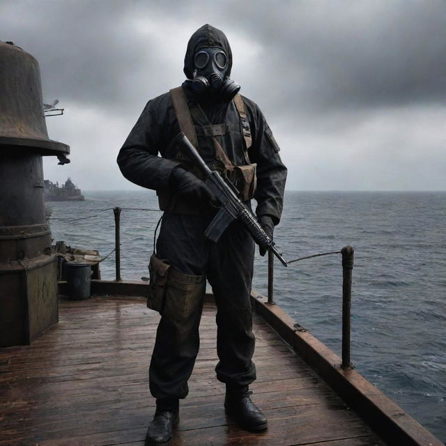 A character from the video game S.T.A.L.K.E.R, decked in a Stalker suit with a gas mask, holding an AK-74, standing on the deck of a vintage pirate ship surrounded by the endless sea.