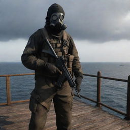 A character from the video game S.T.A.L.K.E.R, decked in a Stalker suit with a gas mask, holding an AK-74, standing on the deck of a vintage pirate ship surrounded by the endless sea.