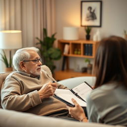 A realistic image of a video call on a tablet between an elderly patient at home and a doctor, showing an active conversation