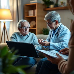 A realistic image of a video call on a tablet between an elderly patient at home and a doctor, showing an active conversation