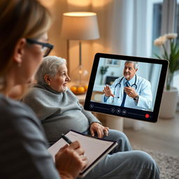 A realistic image of a video call on a tablet between an elderly patient at home and a doctor, showing an active conversation