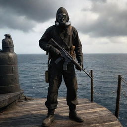 A character from the video game S.T.A.L.K.E.R, decked in a Stalker suit with a gas mask, holding an AK-74, standing on the deck of a vintage pirate ship surrounded by the endless sea.