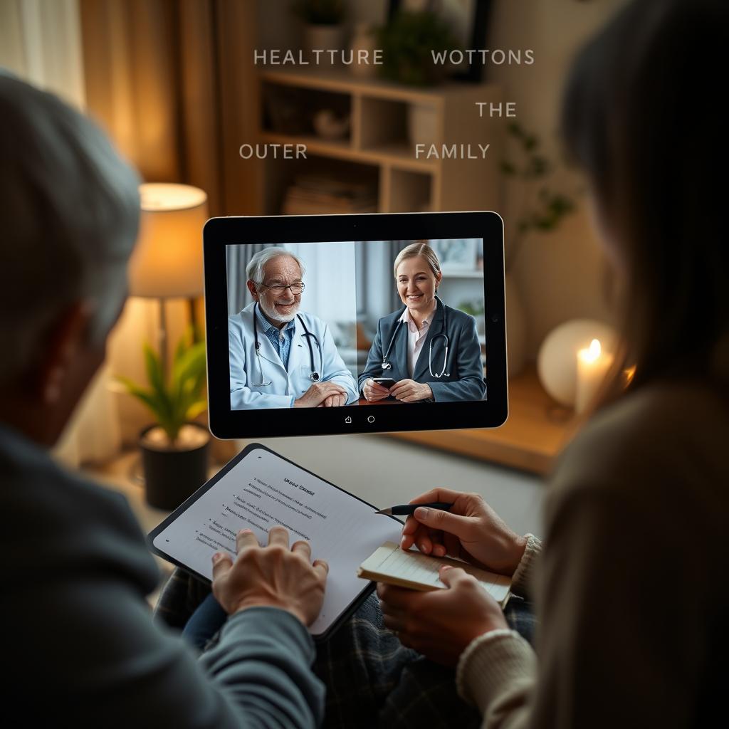 A realistic image of a video call on a tablet between an elderly patient at home and a doctor, displaying an active conversation