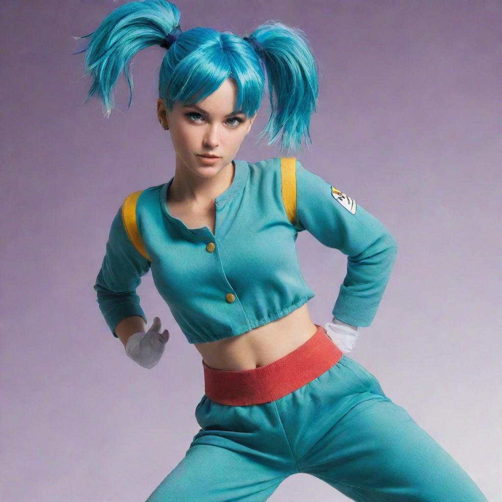 Bulma from Dragon Ball in her iconic outfit standing in a dynamic pose