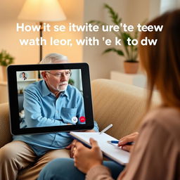 A realistic image of a video call on a tablet between an elderly patient at home and a doctor, displaying an active conversation