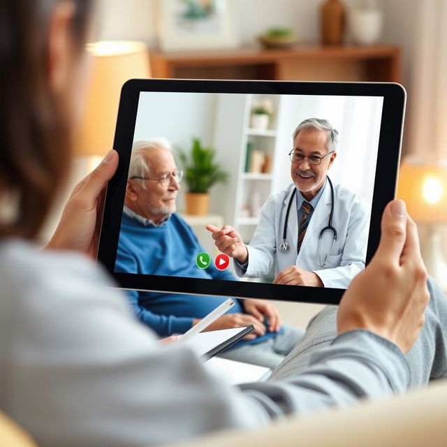 A realistic image of a video call on a tablet between an elderly patient at home and a doctor, displaying an active conversation