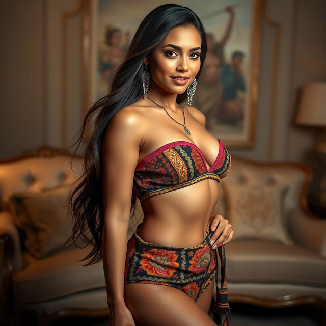 A sexy Latina woman with long flowing hair posing confidently in a vibrant, patterned tanga