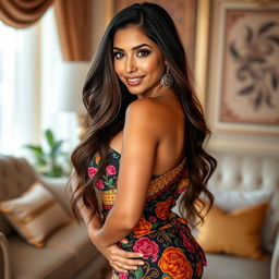 A sexy Latina woman with long flowing hair posing confidently in a vibrant, patterned tanga