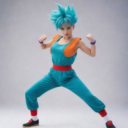 Bulma from Dragon Ball in her iconic outfit standing in a dynamic pose