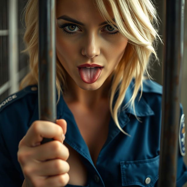 An extreme close-up view through prison bars of a sexy police officer with blonde hair