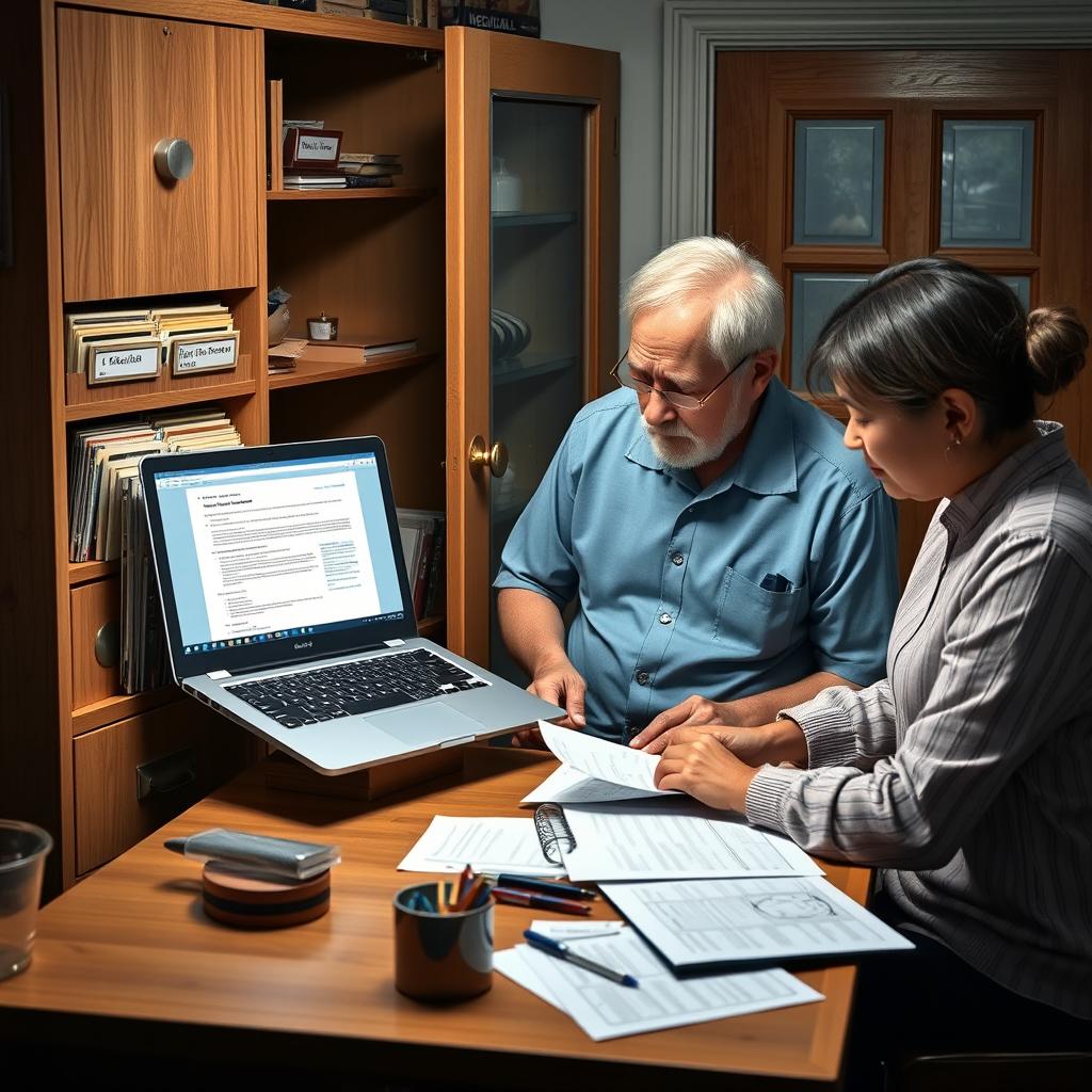 A detailed and realistic image of a home workspace dedicated to medical documentation, featuring a neat filing cabinet with labeled folders, an open laptop displaying a medical document, and an elderly person alongside a family member reviewing printed health records