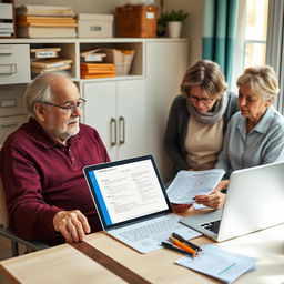 A detailed and realistic image of a home workspace dedicated to medical documentation, featuring a neat filing cabinet with labeled folders, an open laptop displaying a medical document, and an elderly person alongside a family member reviewing printed health records