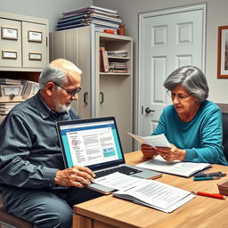 A detailed and realistic image of a home workspace dedicated to medical documentation, featuring a neat filing cabinet with labeled folders, an open laptop displaying a medical document, and an elderly person alongside a family member reviewing printed health records