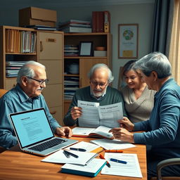 A detailed and realistic image of a home workspace dedicated to medical documentation, featuring a neat filing cabinet with labeled folders, an open laptop displaying a medical document, and an elderly person alongside a family member reviewing printed health records