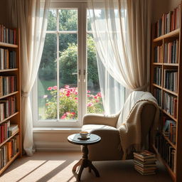 A serene and cozy reading nook by the window, with soft sunlight streaming through sheer curtains