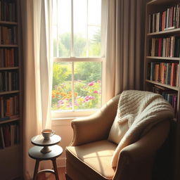 A serene and cozy reading nook by the window, with soft sunlight streaming through sheer curtains