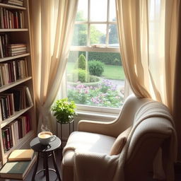 A serene and cozy reading nook by the window, with soft sunlight streaming through sheer curtains