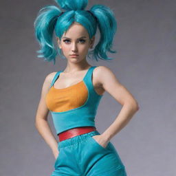 Bulma from Dragon Ball in her iconic outfit standing in a dynamic pose