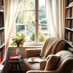 A serene and cozy reading nook by the window, with soft sunlight streaming through sheer curtains