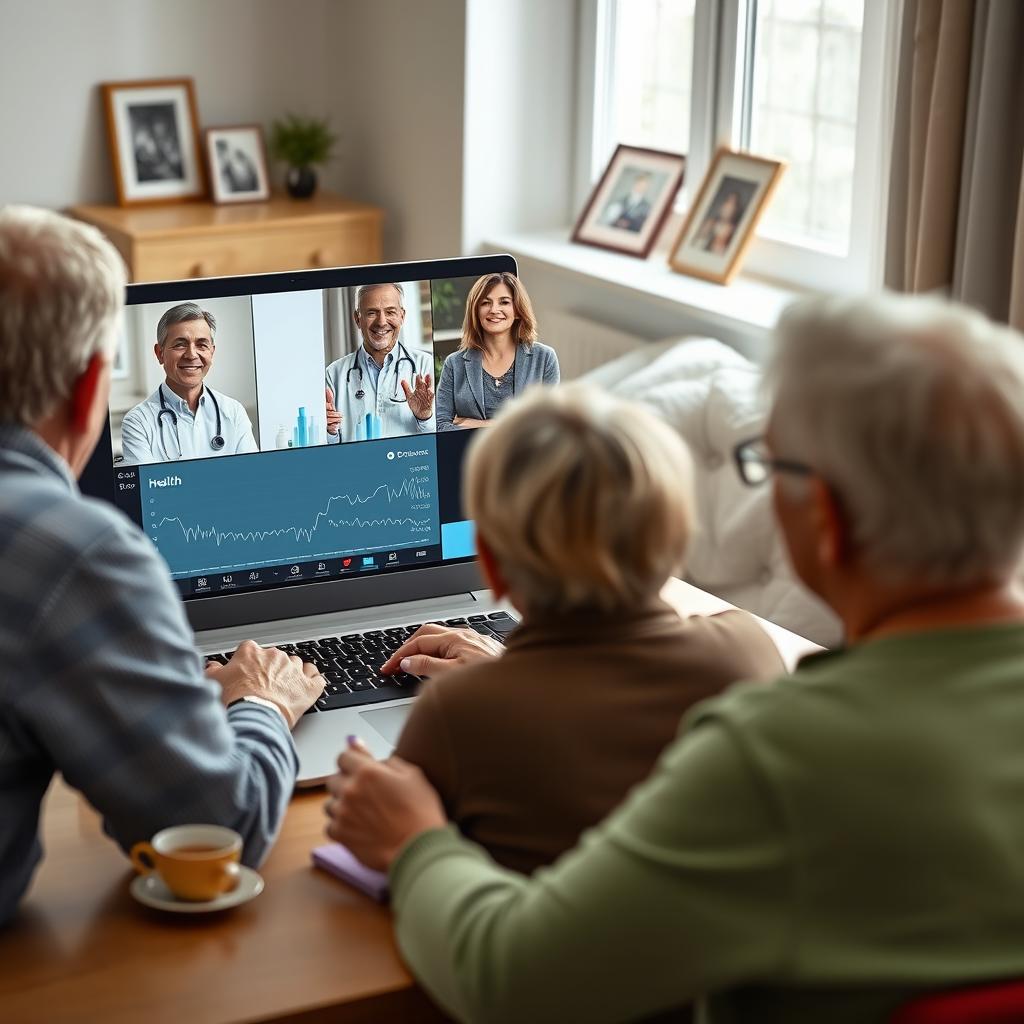 An image depicting a virtual meeting with multiple health professionals on a laptop screen, including a doctor, a physiotherapist, and a dietitian, with visible health graphs on the screen