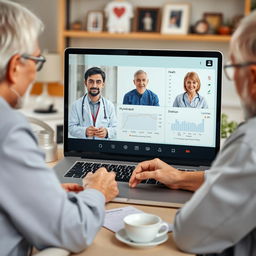 An image depicting a virtual meeting with multiple health professionals on a laptop screen, including a doctor, a physiotherapist, and a dietitian, with visible health graphs on the screen