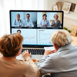 An image depicting a virtual meeting with multiple health professionals on a laptop screen, including a doctor, a physiotherapist, and a dietitian, with visible health graphs on the screen