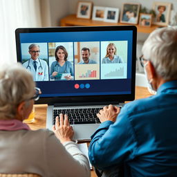 An image depicting a virtual meeting with multiple health professionals on a laptop screen, including a doctor, a physiotherapist, and a dietitian, with visible health graphs on the screen