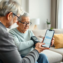 A realistic image of an elderly person using a portable health device, such as a blood pressure monitor or a glucometer, with the assistance of a family member