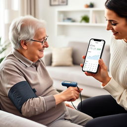 A realistic image of an elderly person using a portable health device, such as a blood pressure monitor or a glucometer, with the assistance of a family member