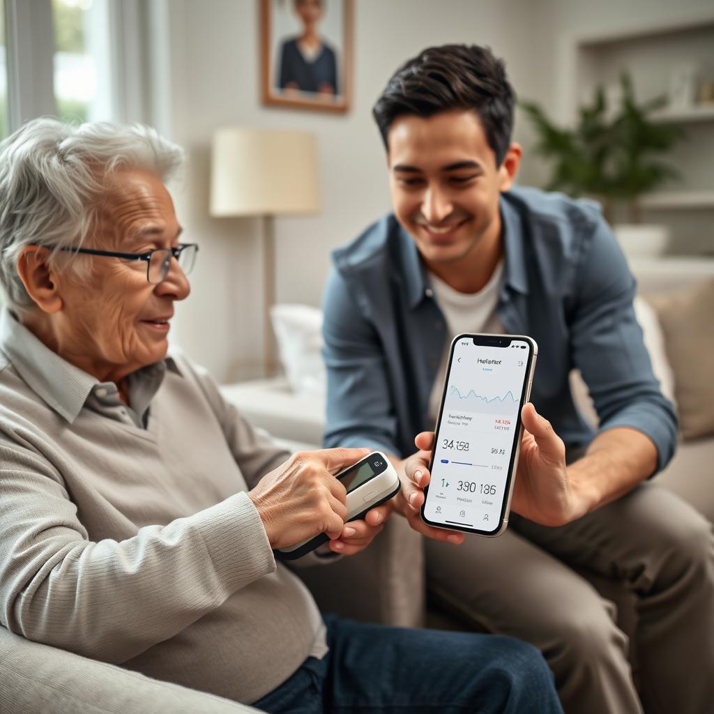 A realistic image of an elderly person using a portable health device, such as a blood pressure monitor or a glucometer, with the assistance of a family member