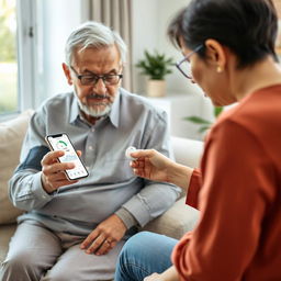 A realistic image of an elderly person using a portable health device, such as a blood pressure monitor or a glucometer, with the assistance of a family member