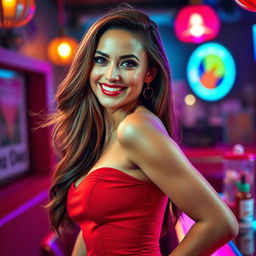 A beautiful and alluring woman with a captivating smile, long flowing hair, and an elegant pose