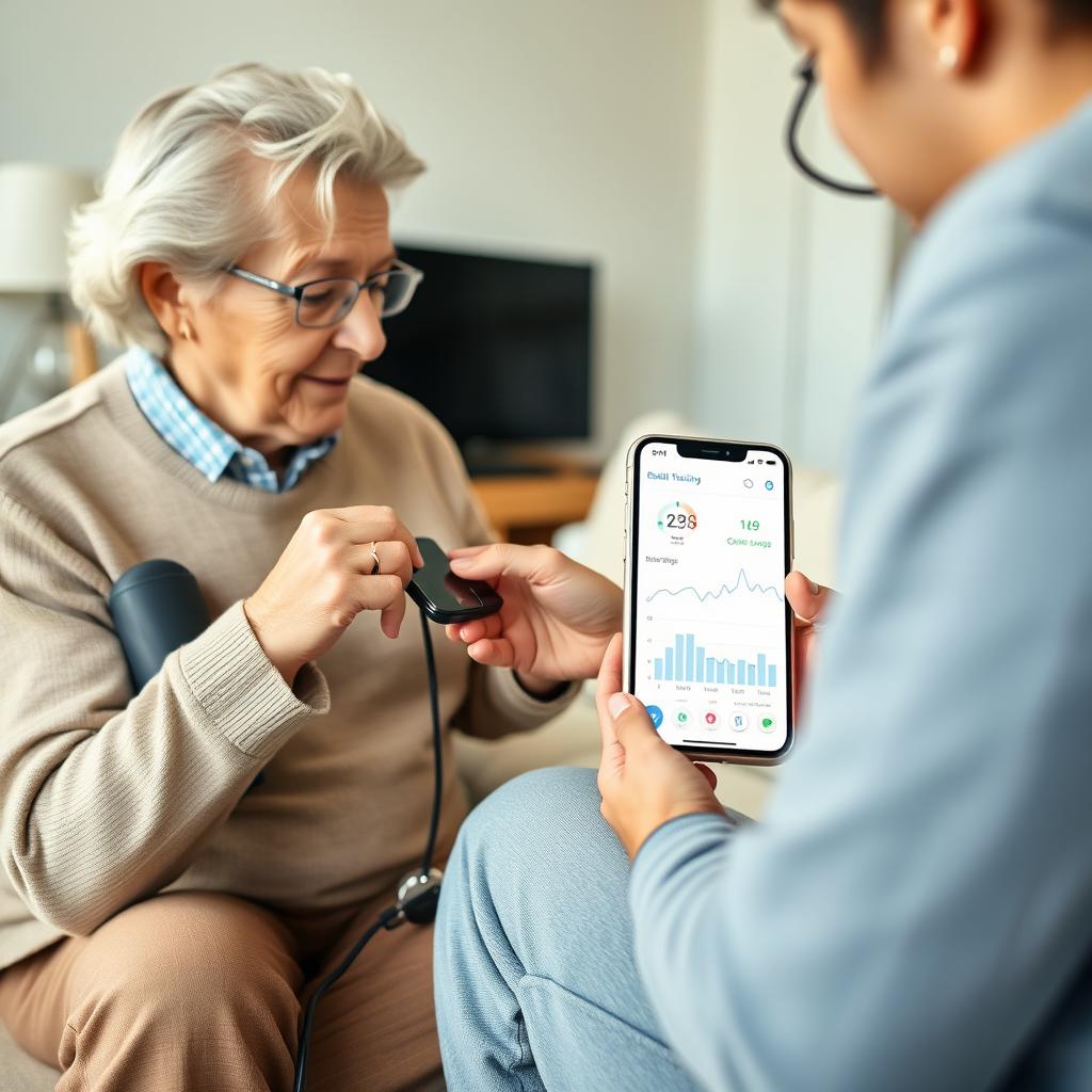 A realistic image of an elderly person using a portable health device, such as a blood pressure monitor or a glucometer, with the assistance of a family member