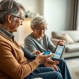 A realistic image of an elderly person using a portable health device, such as a blood pressure monitor or a glucometer, with the assistance of a family member