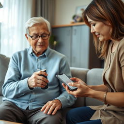 A realistic image of an elderly person using a portable health device, such as a blood pressure monitor or a glucometer, with the assistance of a family member