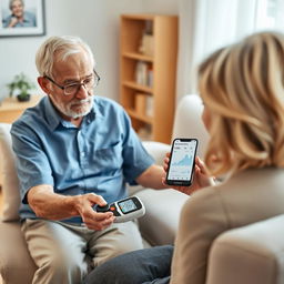 A realistic image of an elderly person using a portable health device, such as a blood pressure monitor or a glucometer, with the assistance of a family member