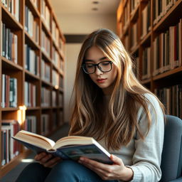 A young woman sitting in a quiet library, deeply engrossed in a book