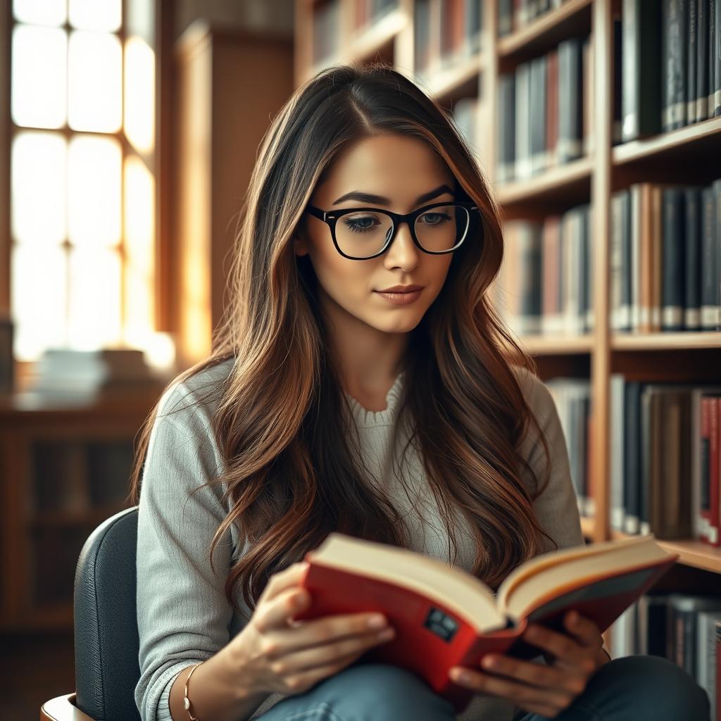 A young woman sitting in a quiet library, deeply engrossed in a book