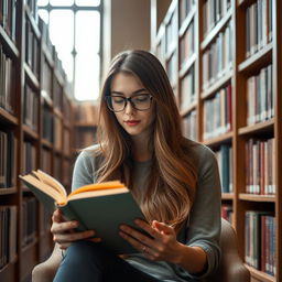 A young woman sitting in a quiet library, deeply engrossed in a book