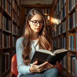 A young woman sitting in a quiet library, deeply engrossed in a book